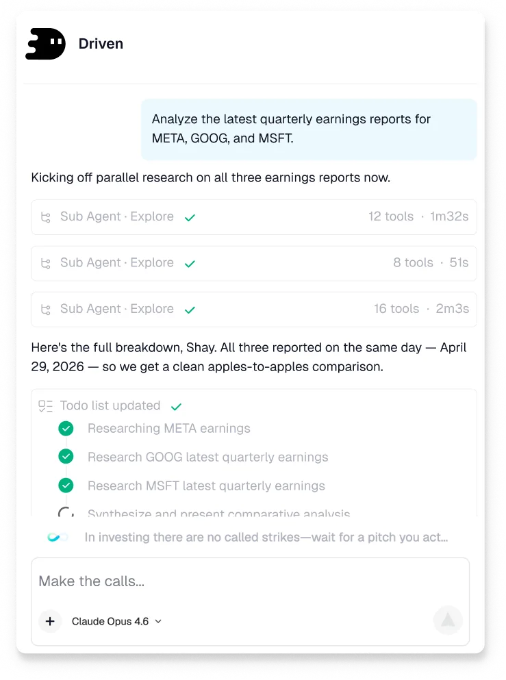 Driven investment agent workspace on mobile