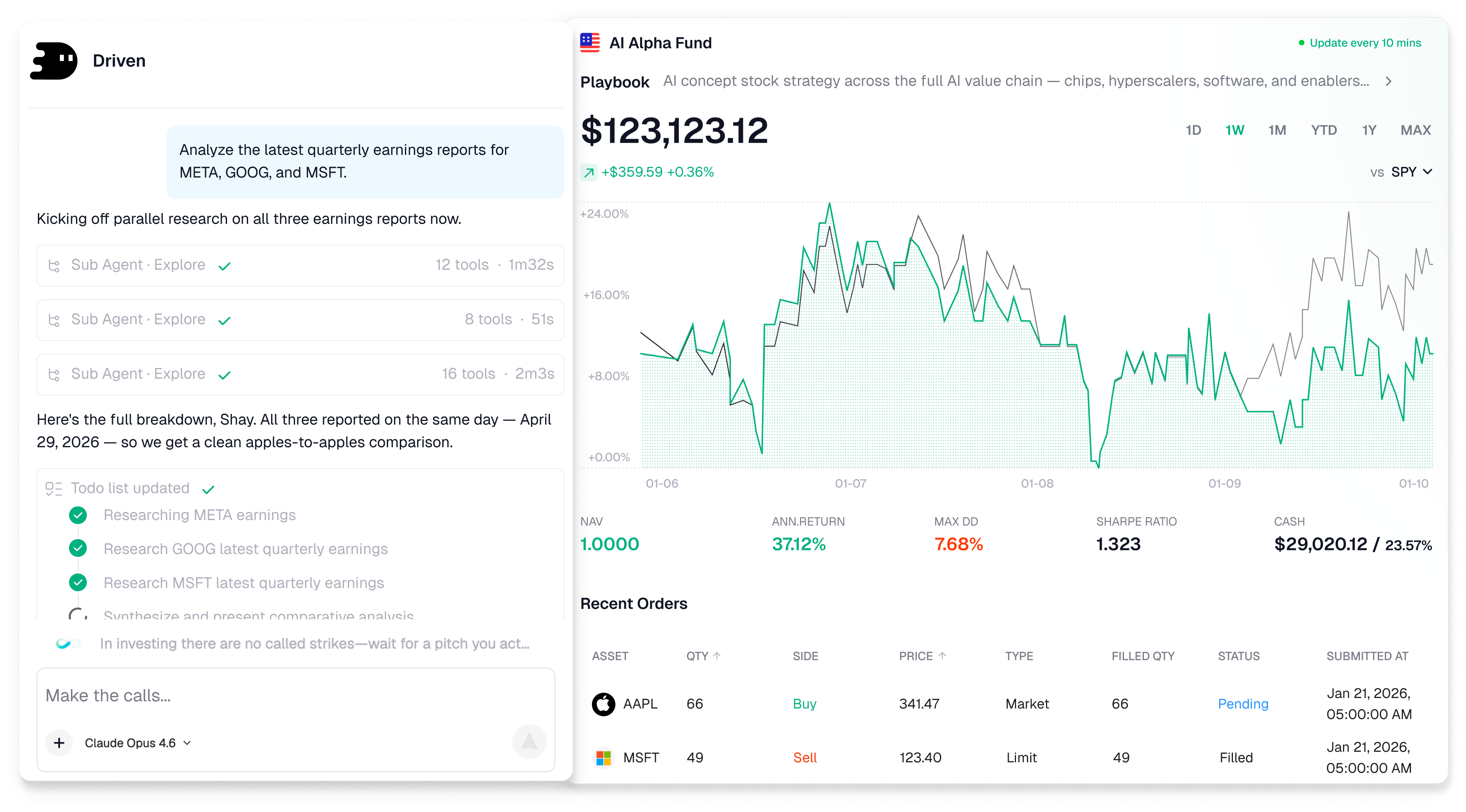 Driven investment agent workspace on desktop